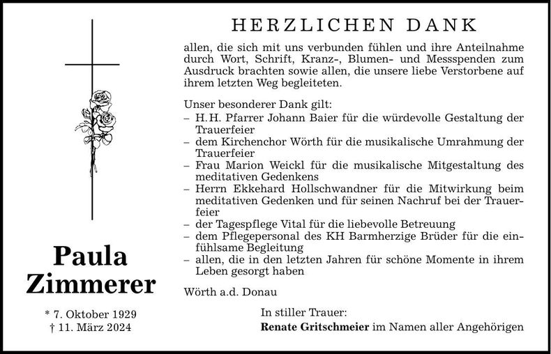 Traueranzeige Paula Zimmerer