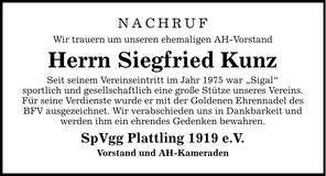 Traueranzeige Siegfried Kunz