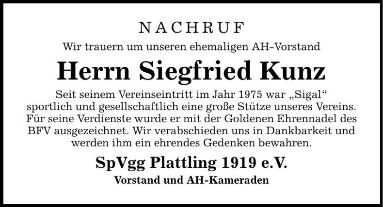 Traueranzeige Siegfried Kunz