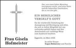 Traueranzeige Gisela Hofmeister