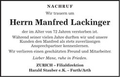 Traueranzeige Manfred Lackinger