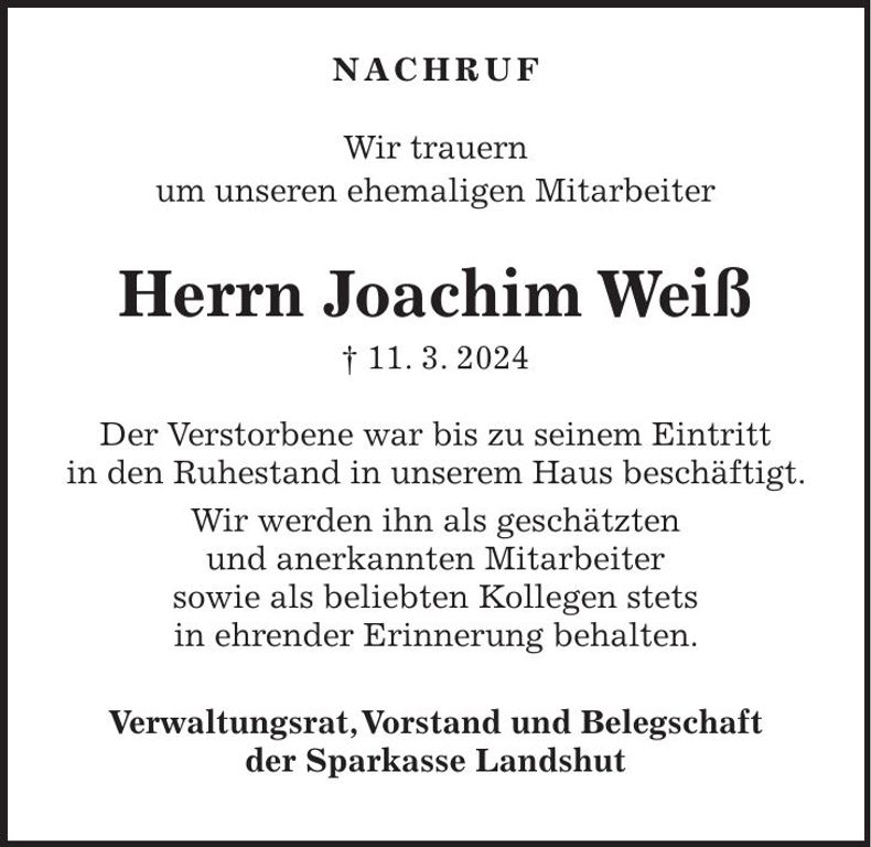 Traueranzeige Joachim Weiß