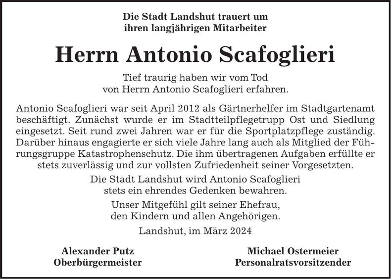 Traueranzeige Antonio Scafoglieri