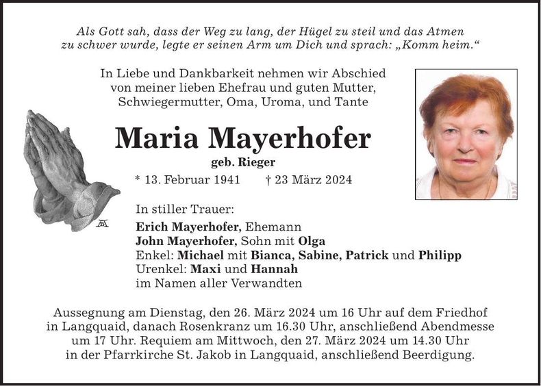 Traueranzeige Maria Mayerhofer