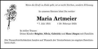 Traueranzeige Maria Artmeier