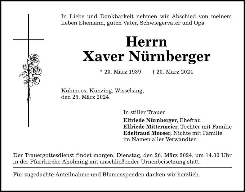 Traueranzeige Xaver Nürnberger