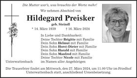 Traueranzeige Hildegard Preisker