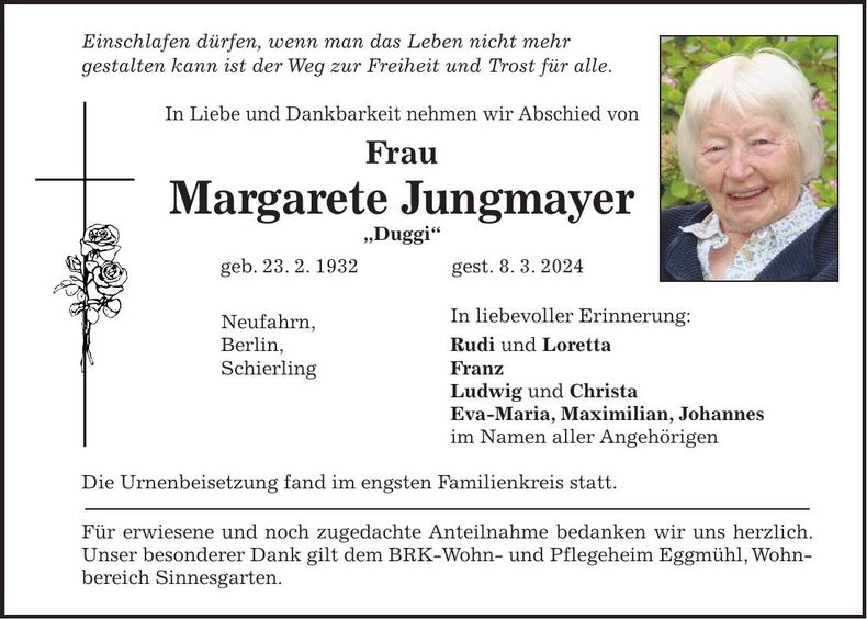 Traueranzeige Margarete Jungmayer