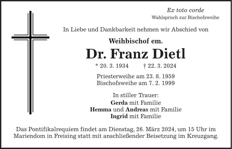Traueranzeige Franz Dietl