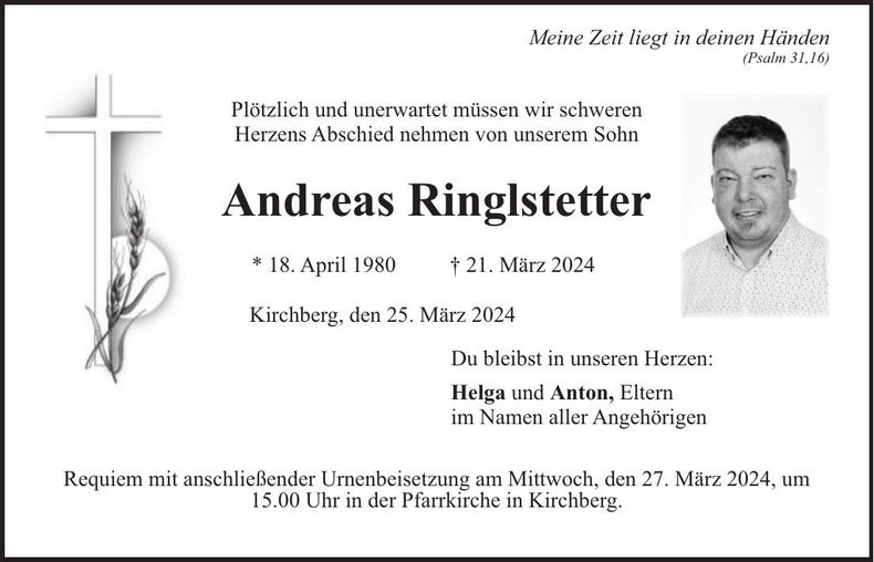 Traueranzeige Andreas Ringlstetter