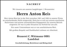 Traueranzeige Anton Reis