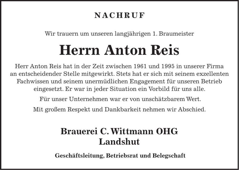 Traueranzeige Anton Reis