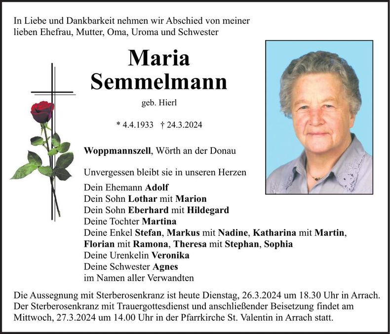 Traueranzeige Maria Semmelmann