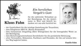 Traueranzeige Klaus Fahn