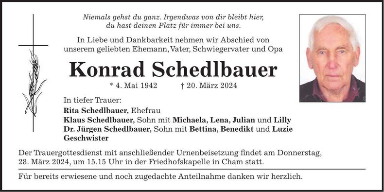 Traueranzeige Konrad Schedlbauer