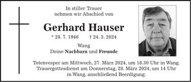 Traueranzeige Gerhard Hauser
