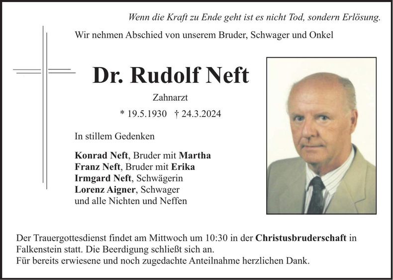 Traueranzeige Dr. Rudolf Neft