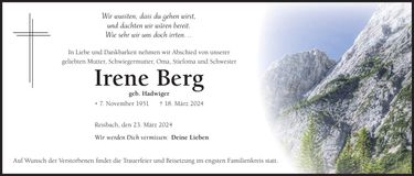 Traueranzeige Irene Berg