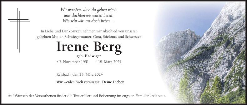 Traueranzeige Irene Berg