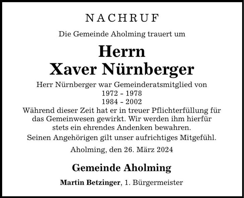 Traueranzeige Xaver Nürnberger