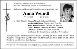 Traueranzeige Anna Weindl