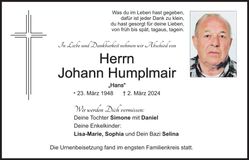 Traueranzeige Johann Humplmair