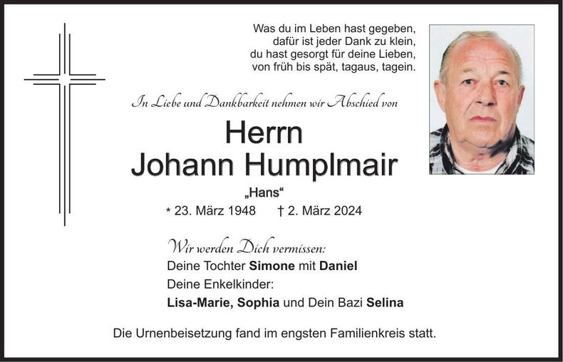 Traueranzeige Johann Humplmair