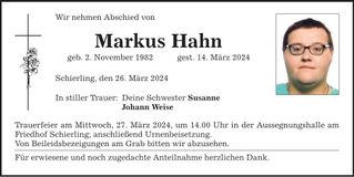 Traueranzeige Markus Hahn