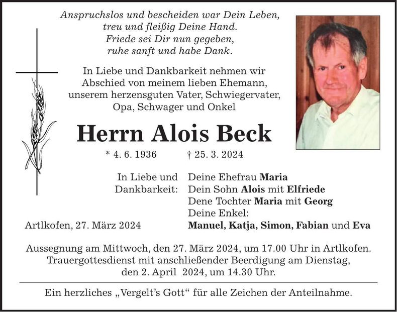 Traueranzeige Alois Beck