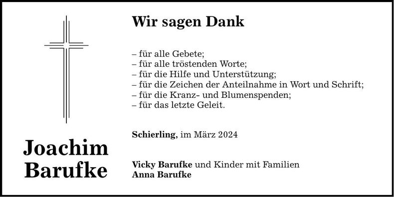 Traueranzeige Joachim Barufke