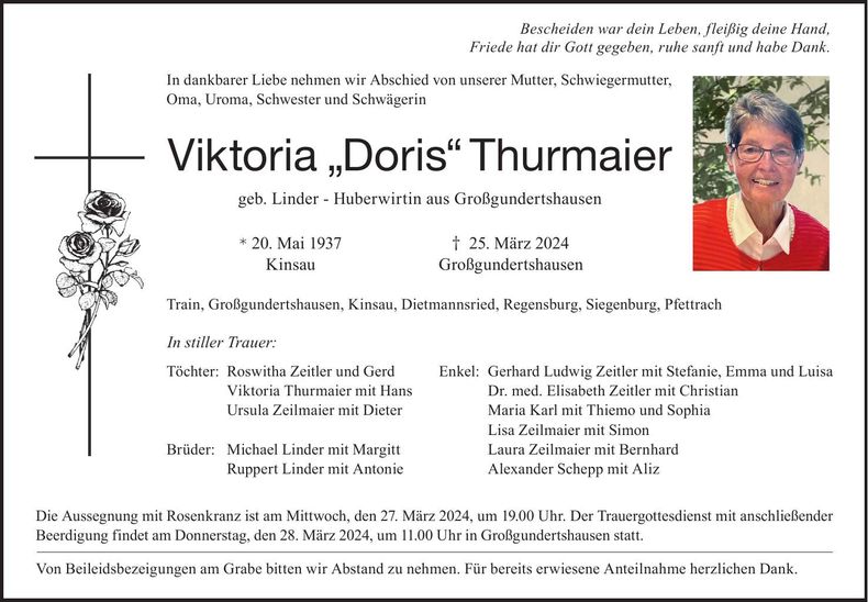 Traueranzeige Viktoria Thurmaier