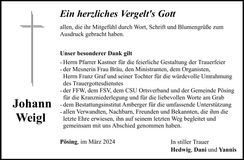 Traueranzeige Johann Weigl
