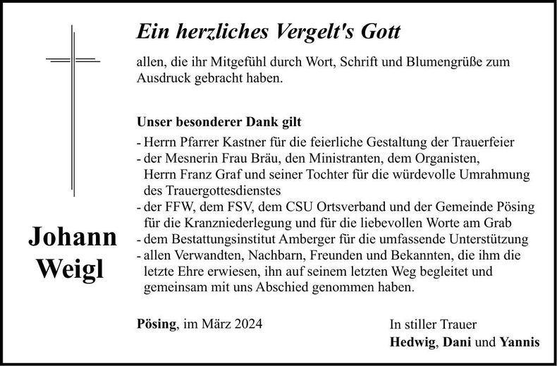 Traueranzeige Johann Weigl