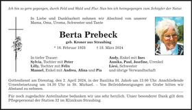 Traueranzeige Berta Prebeck