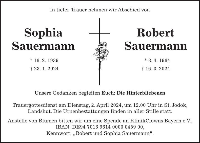 Traueranzeige Sophia, Robert Sauermann