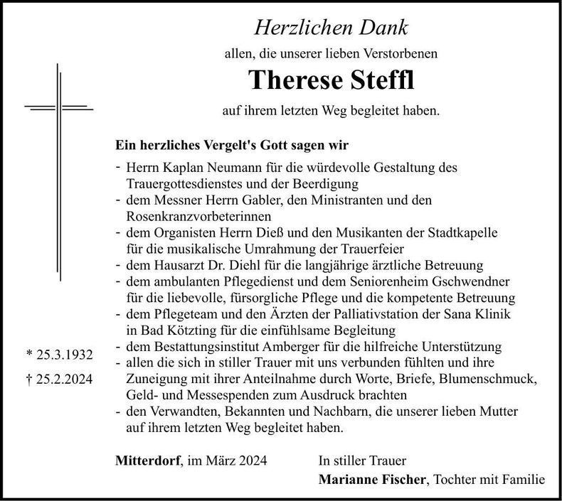 Traueranzeige Therese Steffl