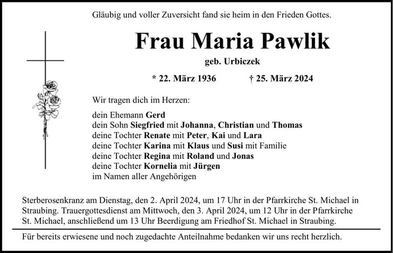 Traueranzeige Maria Pawlik