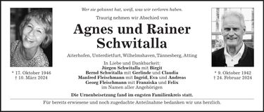Traueranzeige Agnes und Rainer Schwitalla