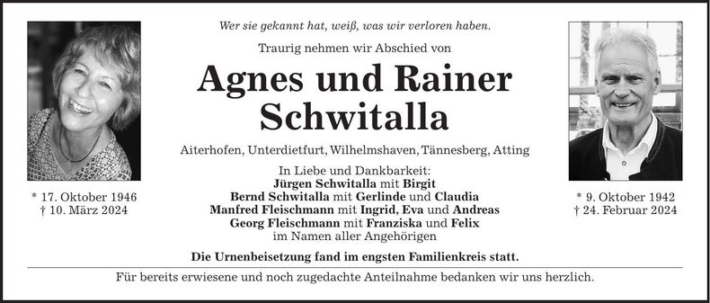 Traueranzeige Agnes und Rainer Schwitalla