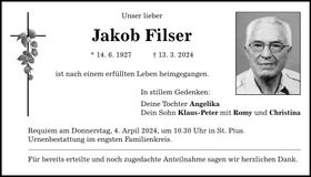 Traueranzeige Jakob Filser