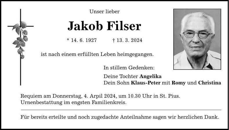 Traueranzeige Jakob Filser