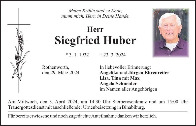 Traueranzeige Siegfried Huber