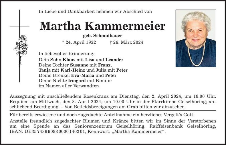 Traueranzeige Martha Kammermeier