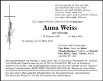 Traueranzeige Anna Weiss