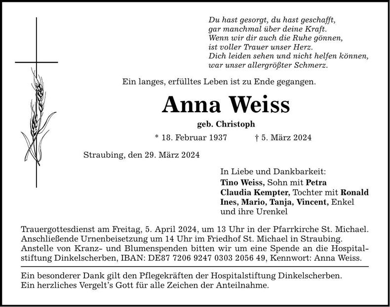 Traueranzeige Anna Weiss