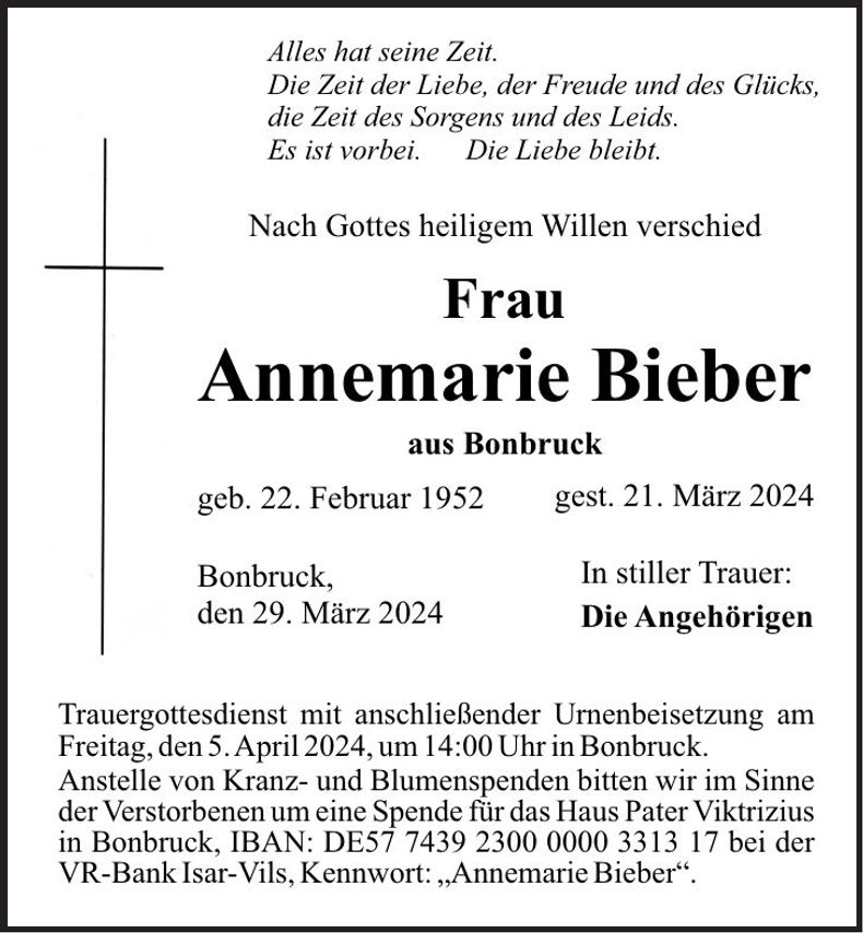 Traueranzeige Annemarie Bieber