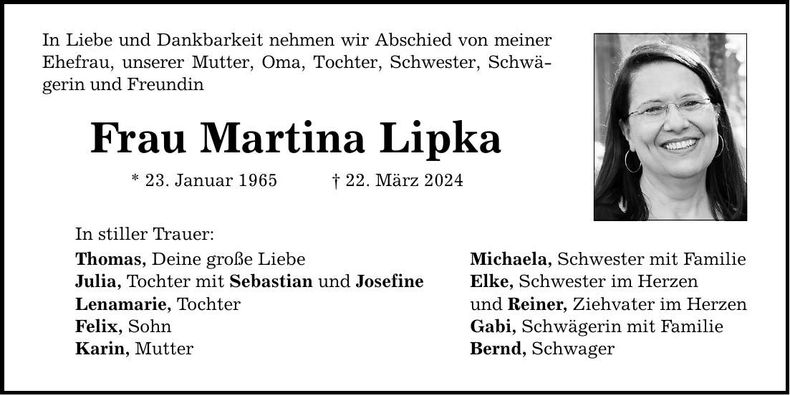 Traueranzeige Martina Lipka