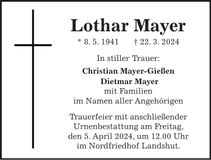 Traueranzeige Lothar Mayer