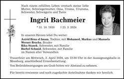 Traueranzeige Ingrit Bachmeier