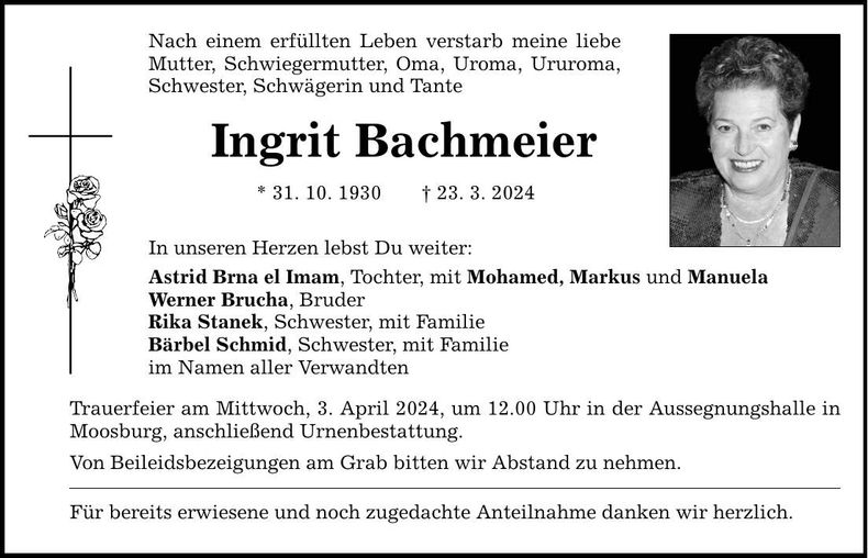 Traueranzeige Ingrit Bachmeier
